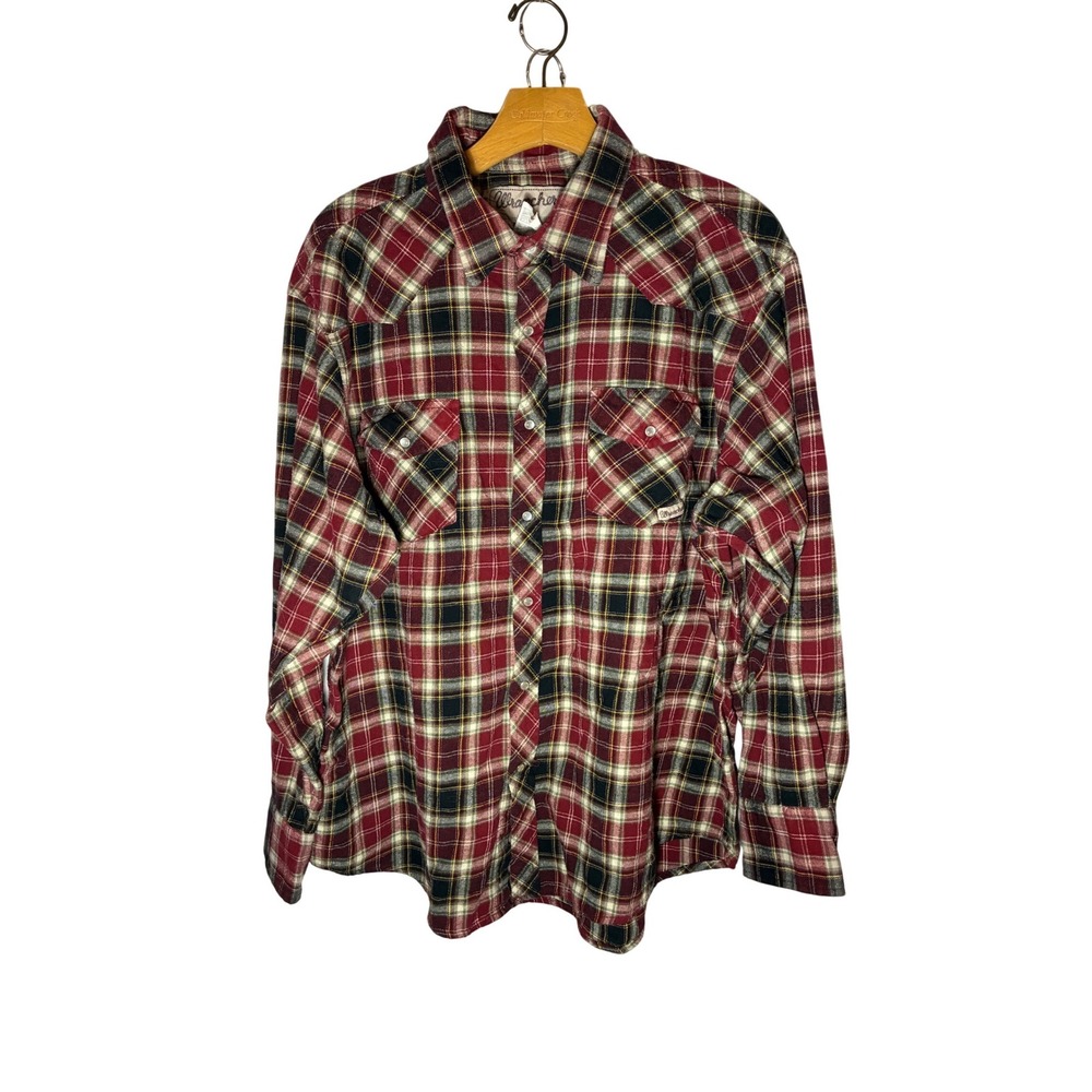 Wrancher by Wrangler Plaid‎ West Shirt 2X Red Black White Long Sleeve Pearl Snap